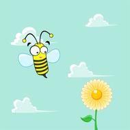 drawn cartoon bee on a background of blue sky and a flower