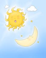 sleepy cartoon sun and moon at sky