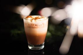 Christmas photo of hot chocolate in a transparent glass