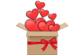 painted red hearts in a cardboard box