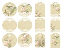 set of vintage tags with birds and roses as an illustration