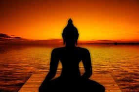 silhouette of buddha in front of water at sunset, collage