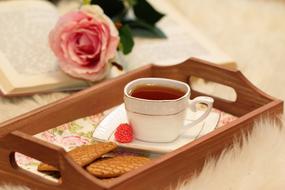 Wooden tray with Cup and cookies in front of open book with white and pink rose