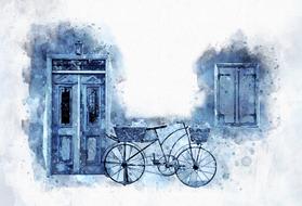 bike near the house like blue sketch