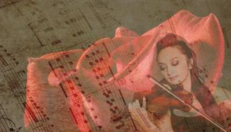 girl with a violin on the background of a rose and sheet music