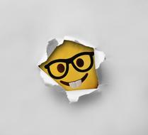funny smiley looks through ripped paper