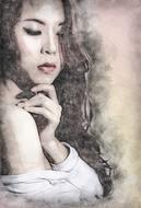 Beautiful sensitive girl with long curly hair, digital art