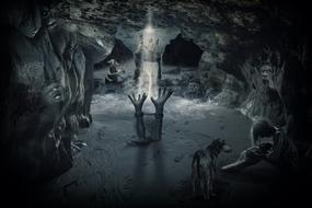 mystical image of handcuffed hands and wolves in a cave