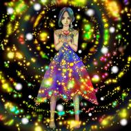 painted girl in a swirl of multi-colored lights