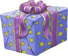 blue gift box with stars and purple ribbon