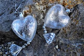 two white Transparent Hearts, Glass christmas decorations