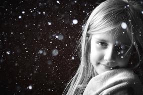 long haired caucasian child Girl, Black And White portrait