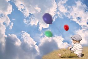 Little Child boy with balloons at sky