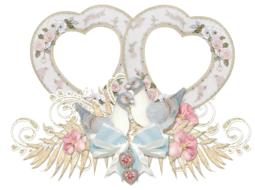 frame in shape of heart with doves and blue bow