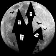 painted black witch castle on a background of the big moon