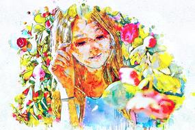 watercolor painted girl in a blooming garden