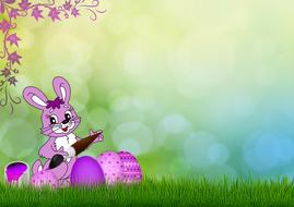 Colorful patterned Easter Eggs near the Ester bunny among the plants