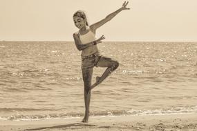 Girl Dancing sea sepia