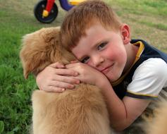 child hugs a cute colorful dog