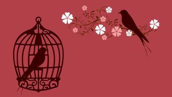 bird in cage and bird on blooming branch, vintage drawing