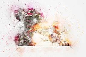 cat sleeping beside of flowers, digital art
