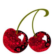 Red cherries with white hearts and red flowers on pattern