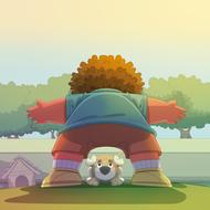 cartoon fat child and dog playing outdoor