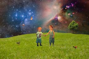 painted joyful children on a green meadow against the background of the starry sky