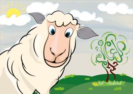 drawn cartoon white sheep on a green pasture