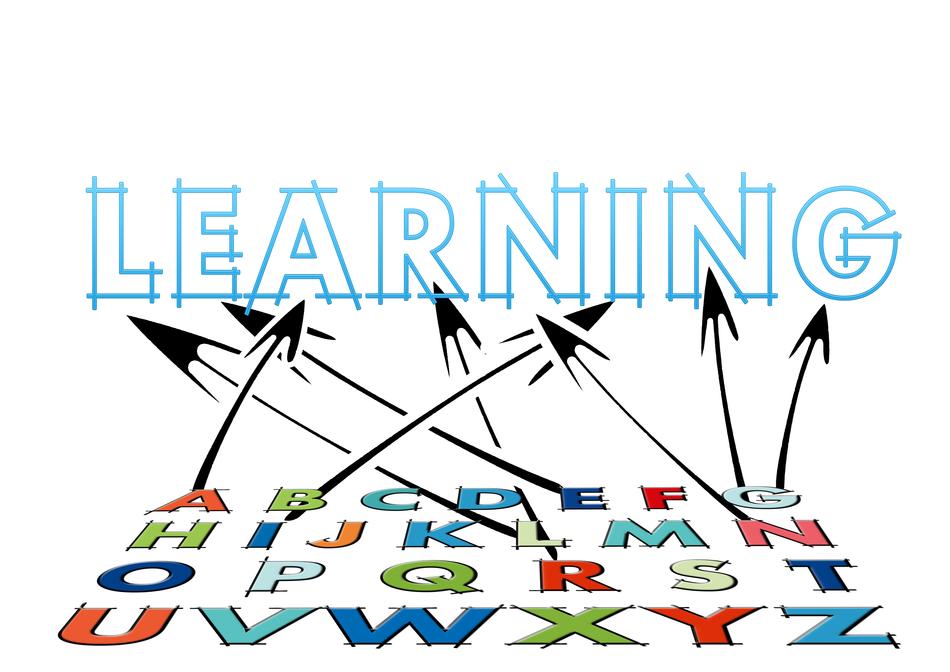 'Learning' sign, with the arrows and colorful letters, at white background, clipart