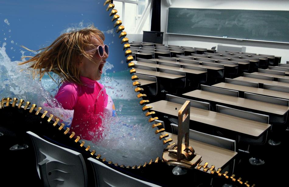 Desks in the school, and swimming, blonde girl, under the zip