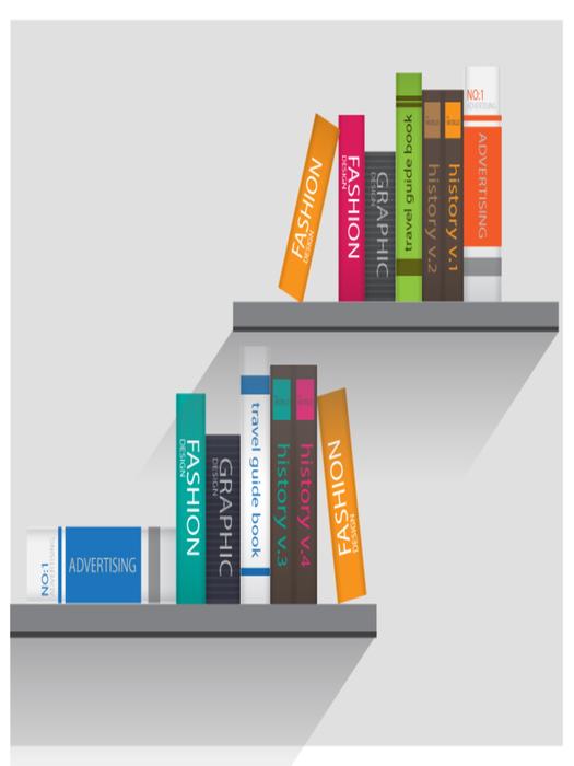 Colorful books, on the shelves, with the shadows, on the grey wall, clipart