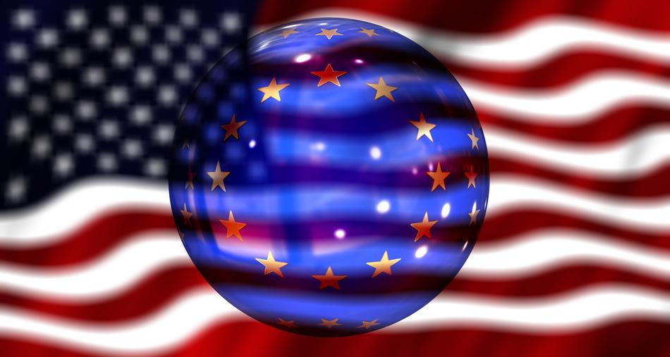 Transparent globe with the flag of Europe at background with wavy flag of USA