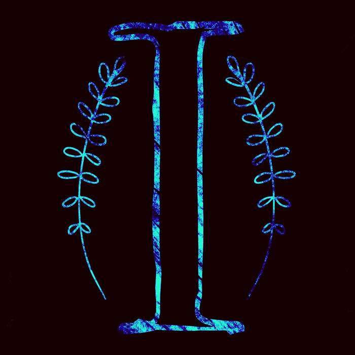 Blue and turquoise 'I' letter with wreaths, at black background, clipart