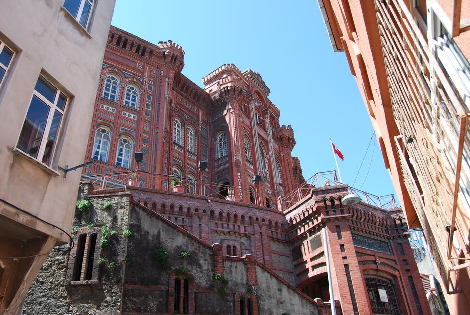 Colorful and beautiful school in Balat, İstanbul, Turkey, at blue sky on background