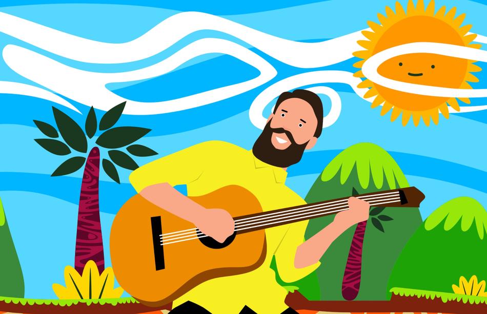 drawn guitar player on tropical nature background