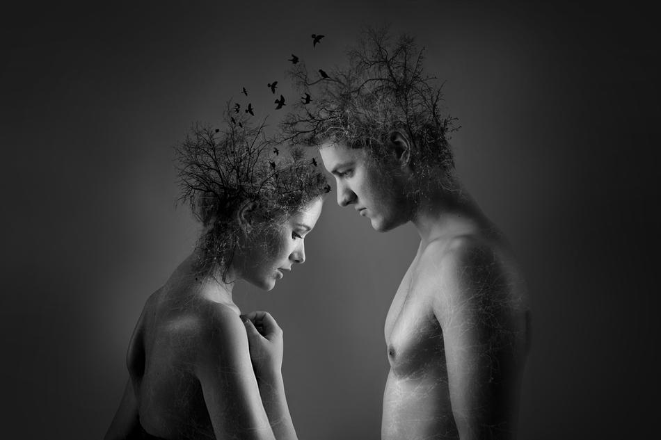 Black and white photo of the bare couple with trees on the heads