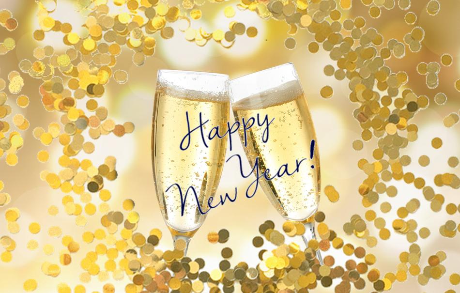 new year, two glasses of champagne and gold sparkles