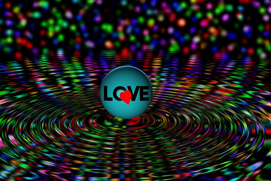 Blue 'LOVE' icon with read heart among the colorful lights