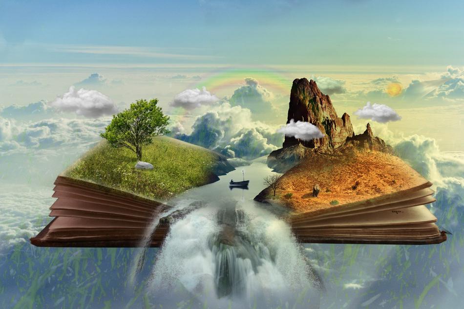 fantastic panorama of the river, mountains and green meadow on an open book
