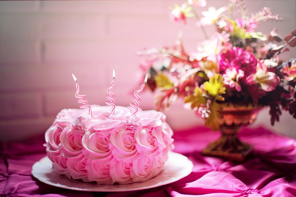 Happy Birthday, beautiful girlish cake and flowers on table