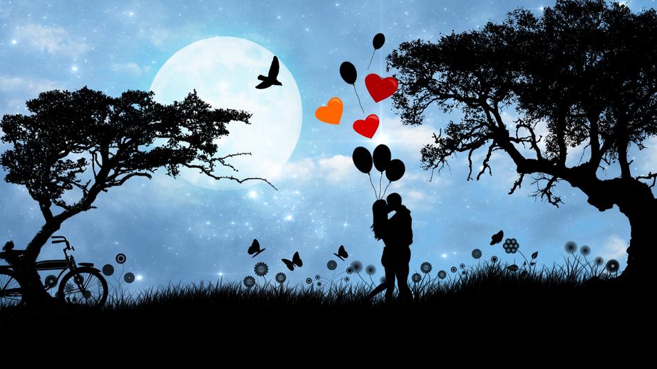 couple in love with balloons on a background of the starry sky