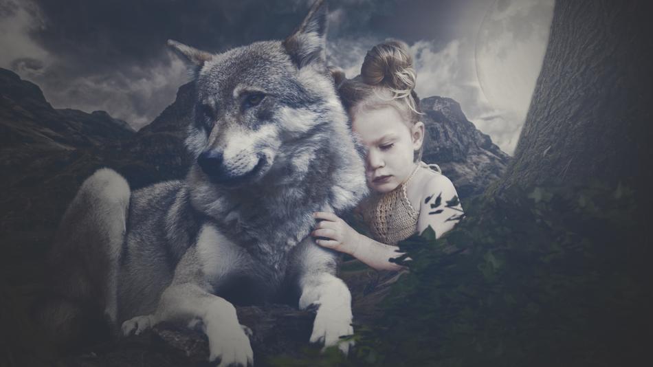 Beautiful landscape with the wolf and girl among the plants