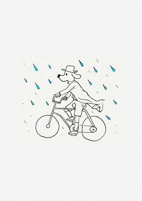 cartoon anthropomorphic dog riding bike on rainy weather