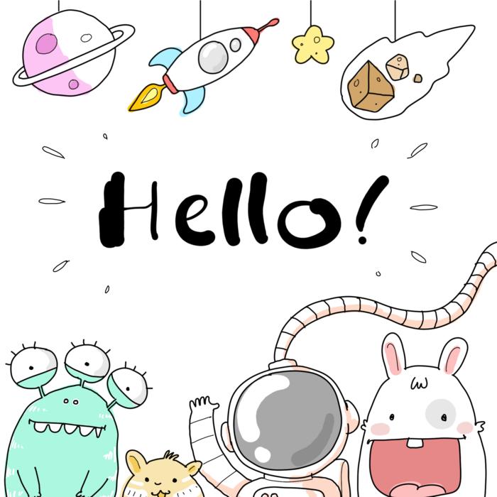 comical image of an astronaut, aliens and planets on a white background