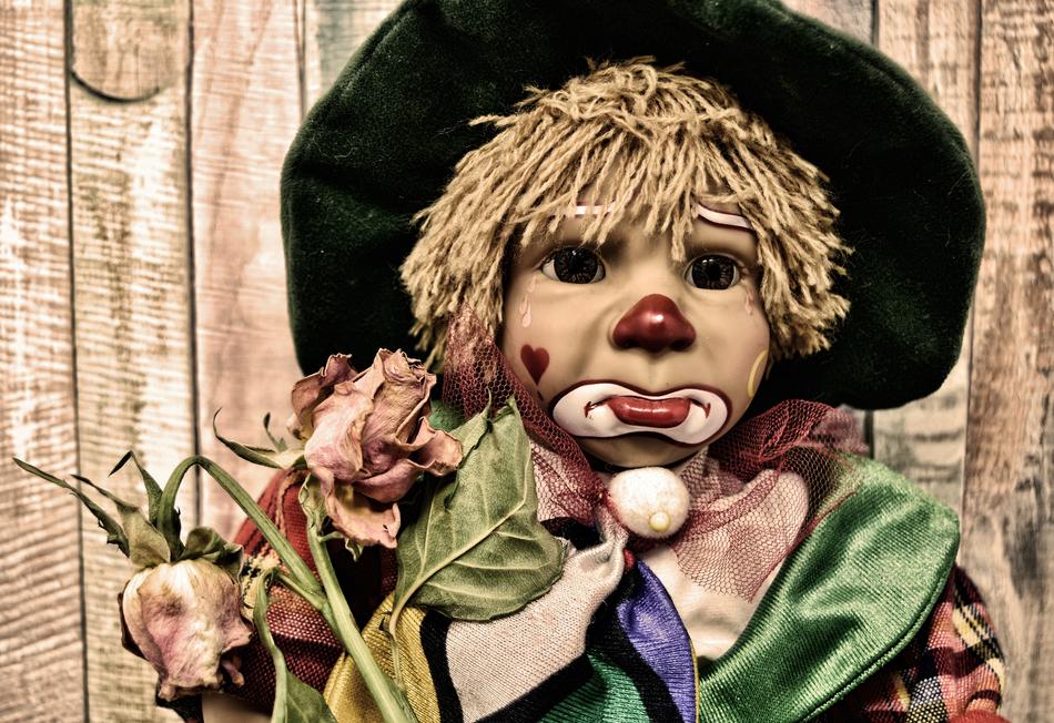 Cute sad Clown, vintage Doll
