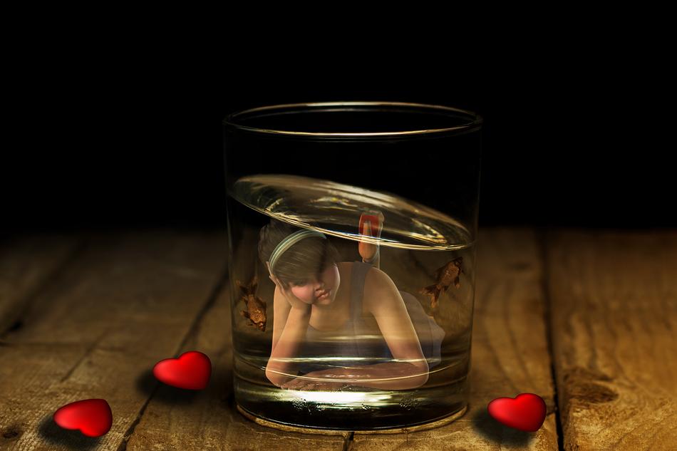 fantasy girl and hearts reflection on glass