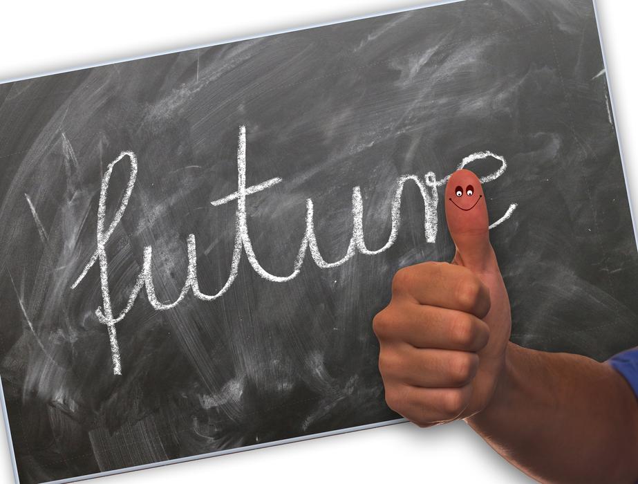 future on chalkboard with funny finger