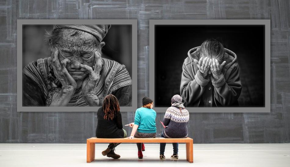 women at an exhibition of black and white photos