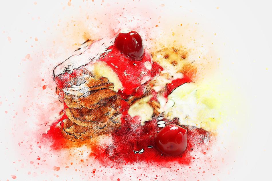 Beautiful and colorful drawing of the waffle with cherries and cream, at white background